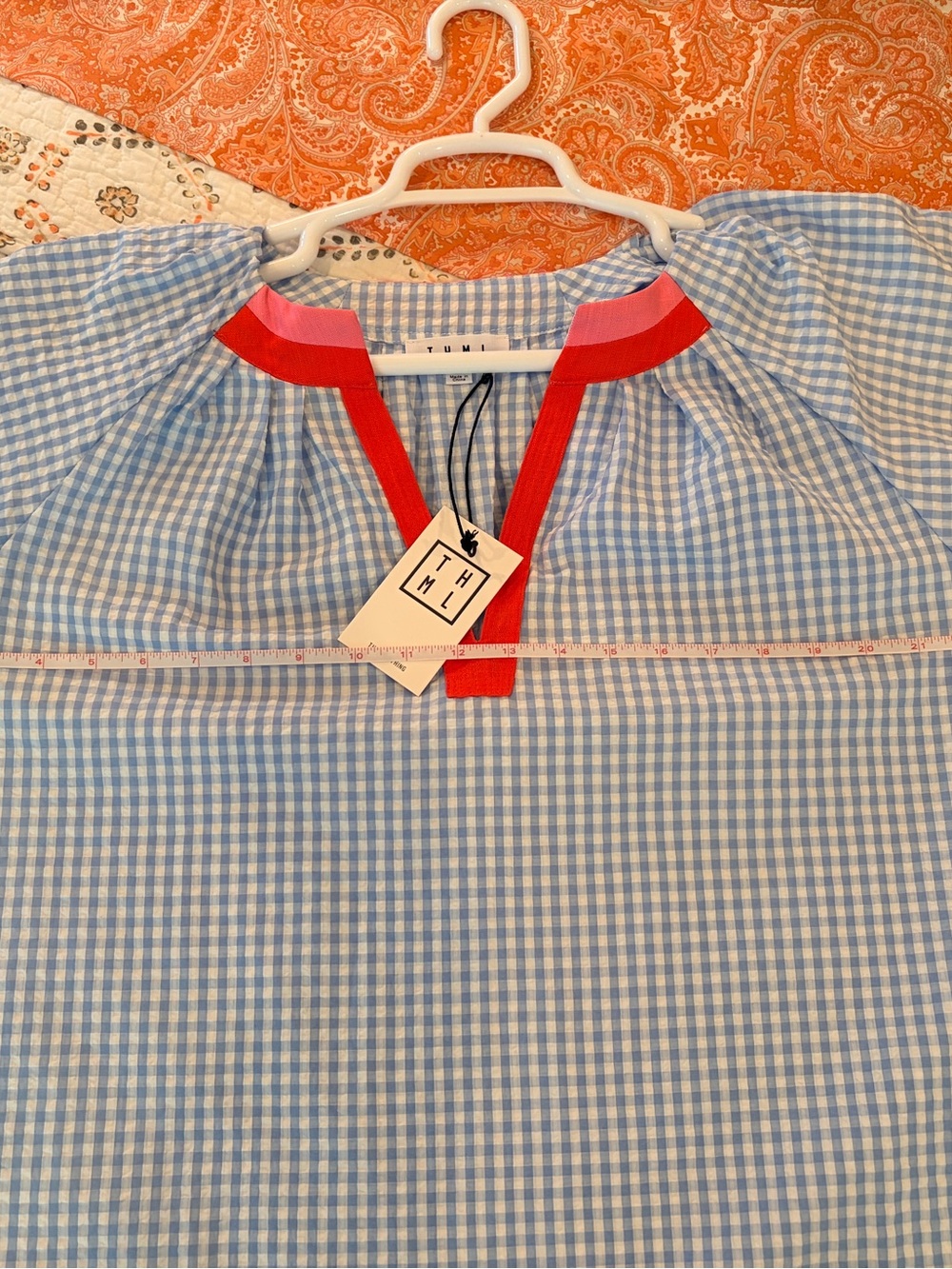 NWT THML THE BETSY BLOUSE Blue Gingham with Red and Pink Trim. SIZE M - Picture 8 of 8